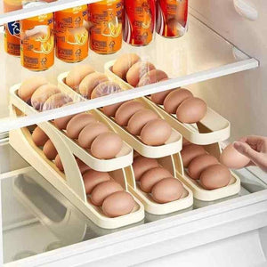 AUTOMATICALLY ROLLING EGG HOLDER CONTAINER